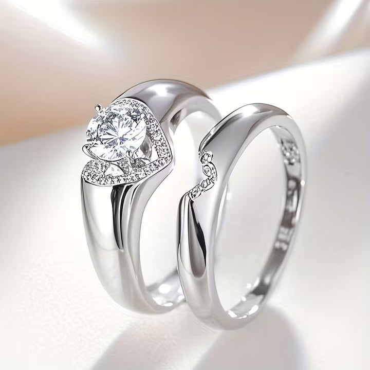Round Diamond Heart Halo Couple Ring Set Engagement Wedding Promise Bridal Statement Jewelry