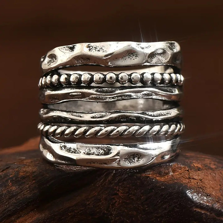 Vintage Hammered Multi Layer Band Ring Retro Stackable Statement Ring For Men Women Gothic Wide Band Jewelry