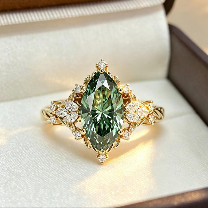 Marquise Cut Green Gem Ring Vintage Leaf Halo Ring Engagement Promise Ring Ornate Statement Fine Jewelry