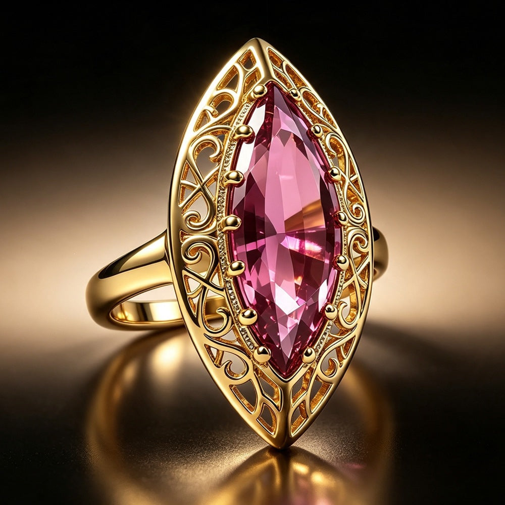 Vintage Marquise Pink Gem Filigree Statement Ring Large Stone Cocktail Ring Hollow Openwork Retro Antique Ring For Women Party Jewelry