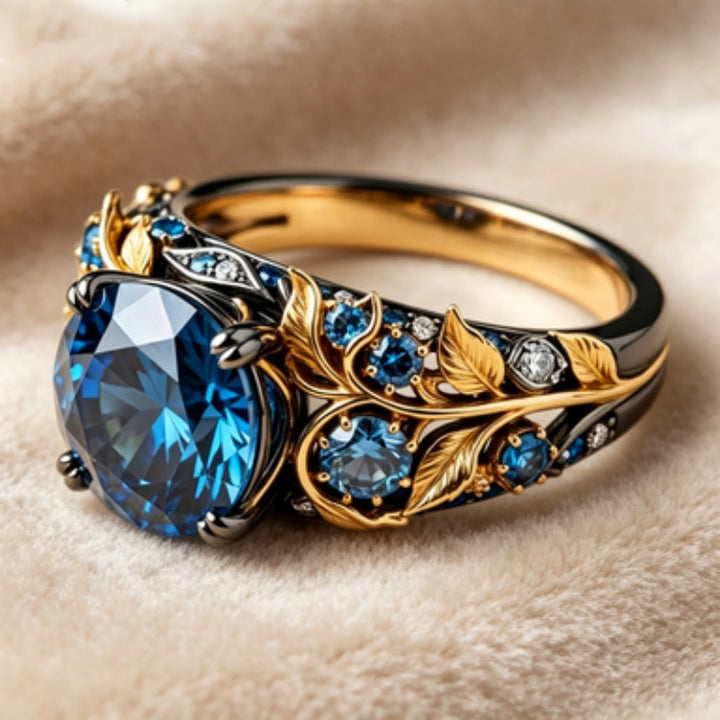 Blue Sapphire Leaf Vine Ring Women Two Tone Gold Silver Vintage Art Nouveau Nature Engagement Ring