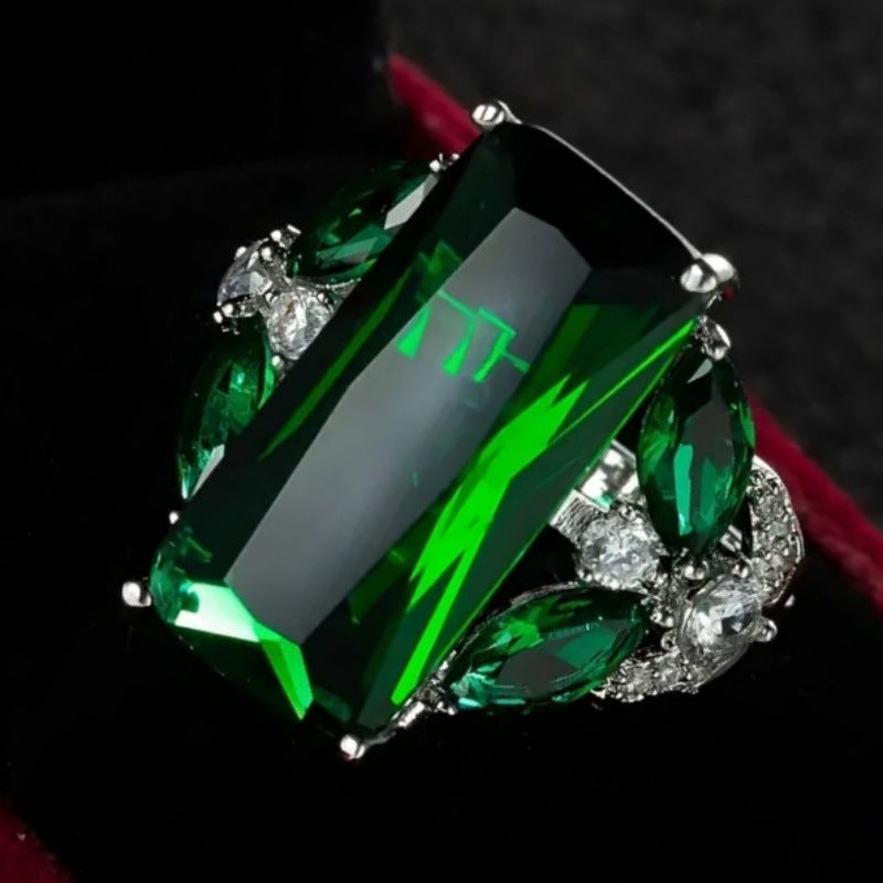 Emerald Green Rectangular Cut Statement Ring Women Big Stone Cocktail Ring with Marquise Side Diamonds