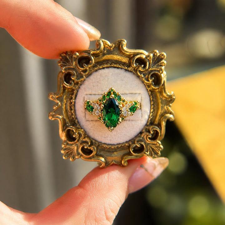 Marquise Emerald Halo Diamond Accent Ring Vintage Ornate Cluster Engagement Ring Luxury Botanical Bridal Statement Ring Adjustable Open Band