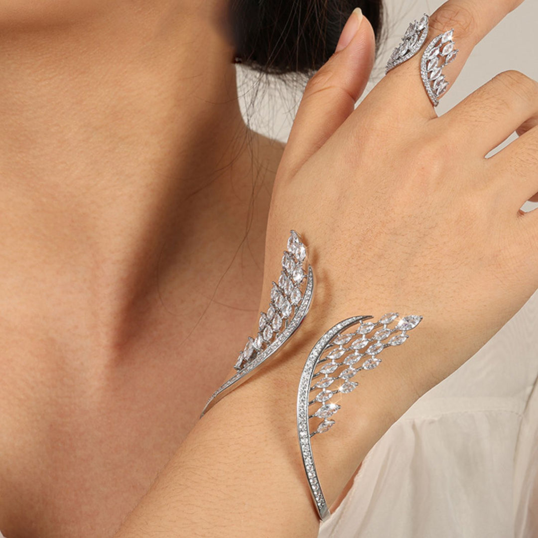 Angel Wing Marquise Diamond Chevron Ring and Cuff Bracelet Set Women Leaf Branch Jewelry Set