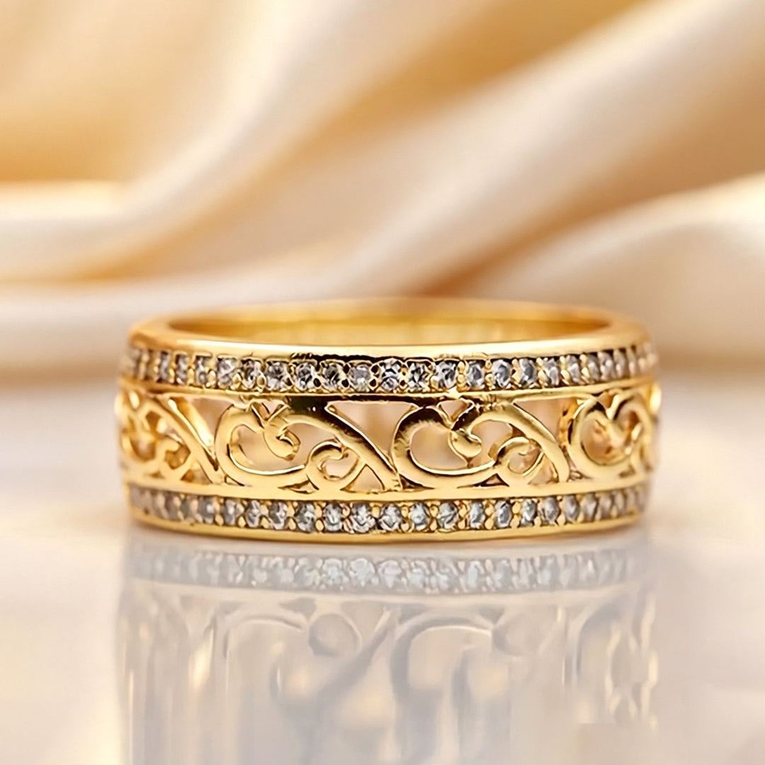 Vintage Filigree Band Ring Hollow Scroll Pattern Stackable Ring Pave Diamond Eternity Statement Ring For Women