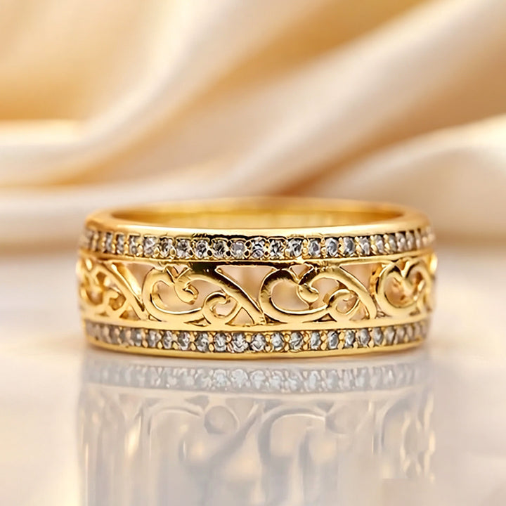 Vintage Filigree Band Ring Hollow Scroll Pattern Stackable Ring Pave Diamond Eternity Statement Ring For Women