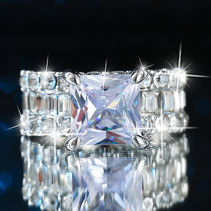 Princess‑Cut Center Stone Full‑Paved Wide Band Ring Four‑Prong Setting Luxurious Women’s Ring