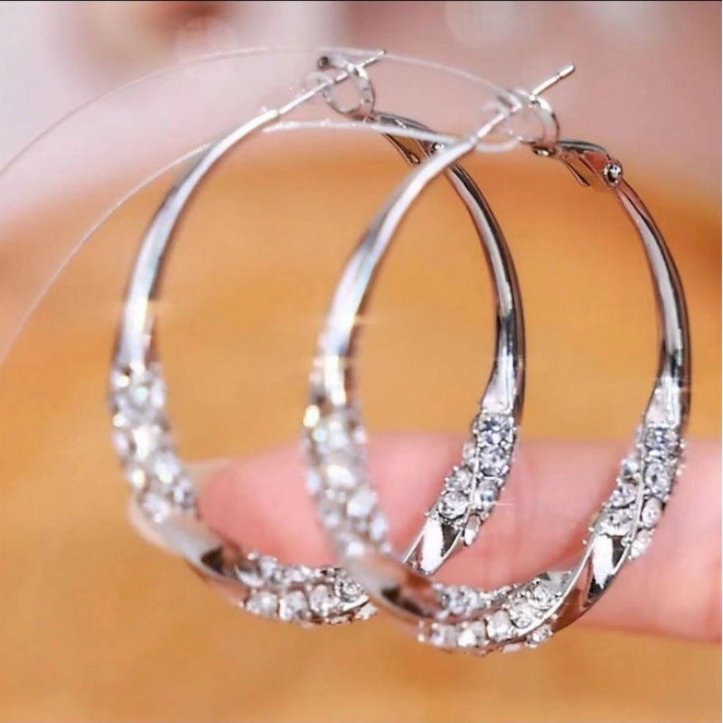 Silver Diamond Hoop Earrings Women Twisted Big Circle Sparkling Dazzling Jewelry Gift