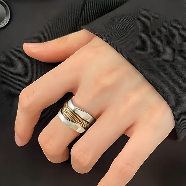 Two Tone Wavy Wire Wrap Statement Ring Minimalist Modern Wide Band Unisex Stackable Handcrafted Ring