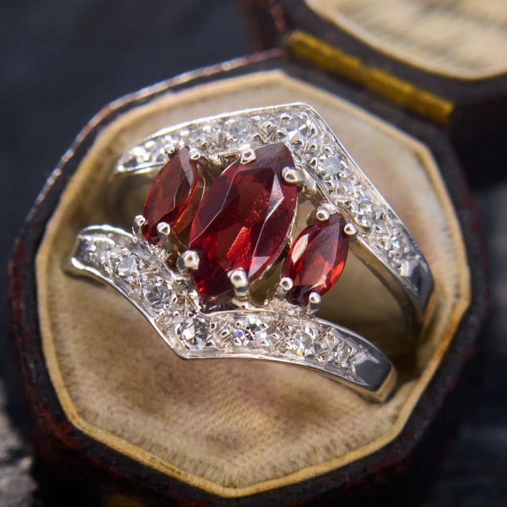 Red Ruby Marquise Three Stone Ring Women Vintage Art Deco Silver Engagement Cocktail Ring