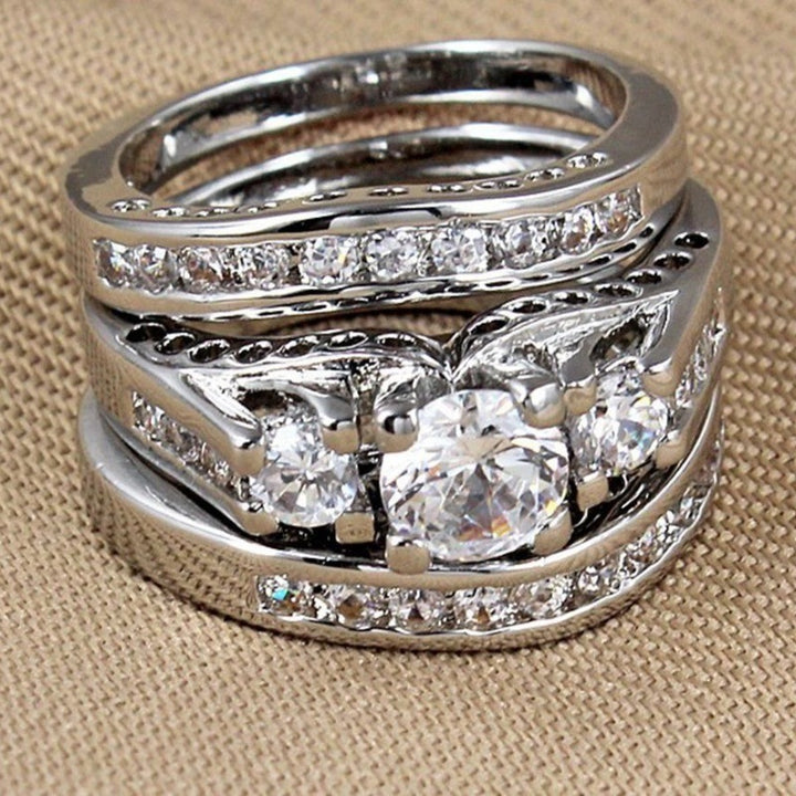 Three Stone Diamond Ring Set Matching Stackable Wedding Band Bridal Ring Set For Women