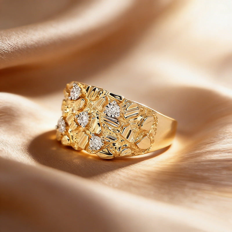 Vintage Textured Relief Paved Diamond Wide Band Ring Retro Chic Statement Ring