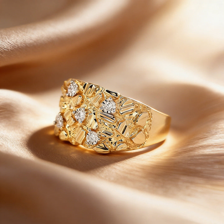 Vintage Textured Relief Paved Diamond Wide Band Ring Retro Chic Statement Ring
