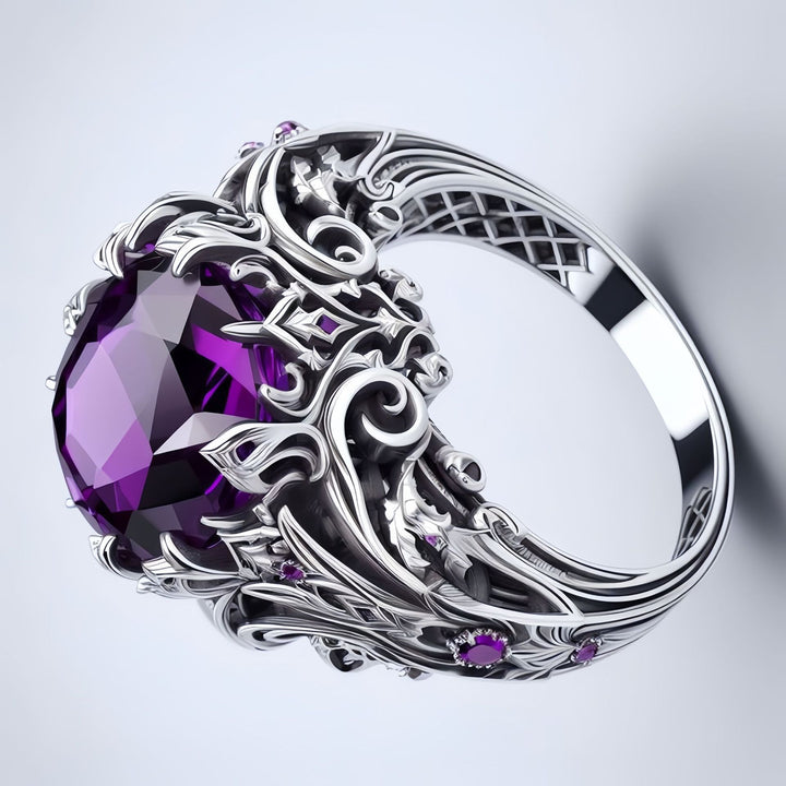Vintage Gothic Oval Purple Gemstone Statement Ring Solid Sterling Silver Diamond Accent Ornate Filigree Cocktail Ring