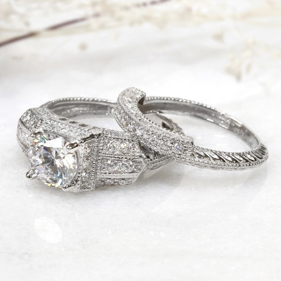 Vintage Round Diamond Bridal Ring Set Milgrain Engraved Sterling Silver Wedding Stackable Rings For Women
