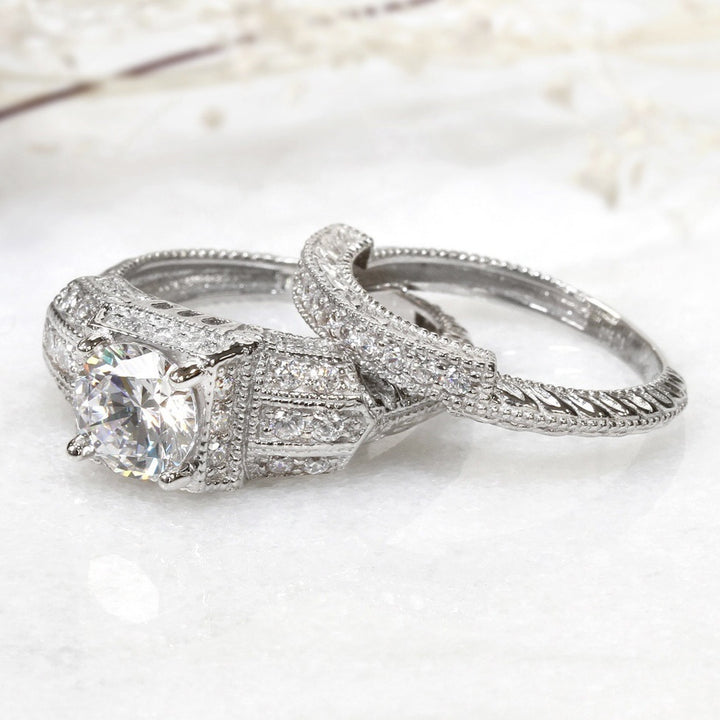 Vintage Round Diamond Bridal Ring Set Milgrain Engraved Sterling Silver Wedding Stackable Rings For Women
