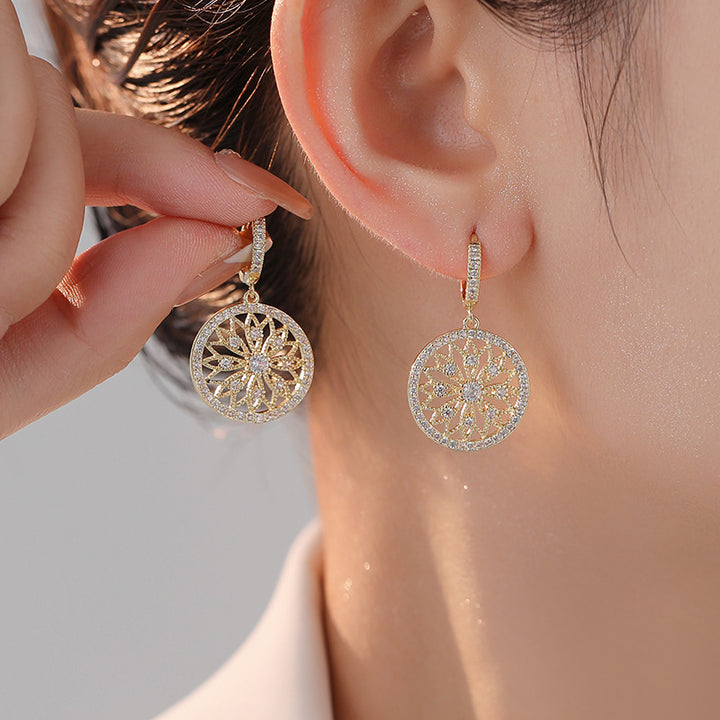 Women Round Filigree Hoop Drop Earrings Floral Hollow Dangle Earrings Sparkly Statement Wedding Bridal Evening Party Elegant Fashion Jewelry Gift