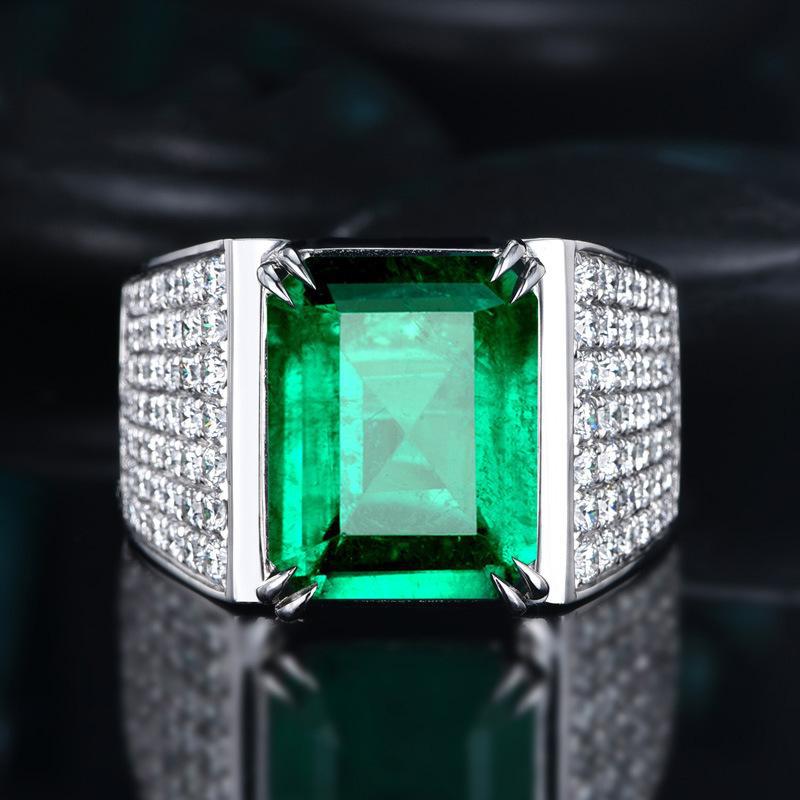 Wide‑Band Men’s Ring With Rectangular Emerald & Paved Diamonds Luxury Prong‑Set Statement Ring