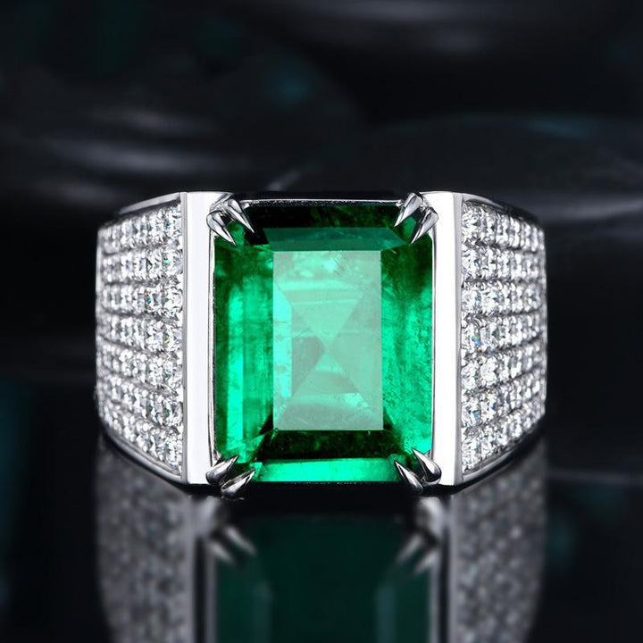 Wide‑Band Men’s Ring With Rectangular Emerald & Paved Diamonds Luxury Prong‑Set Statement Ring