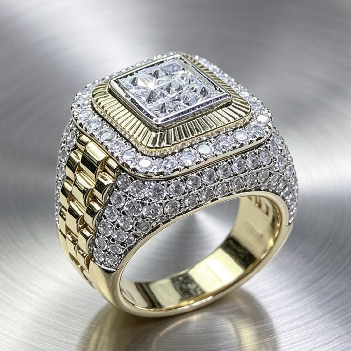 Hip Hop Two‑Tone Square Full Stone Bold Wide Band Mens Ring