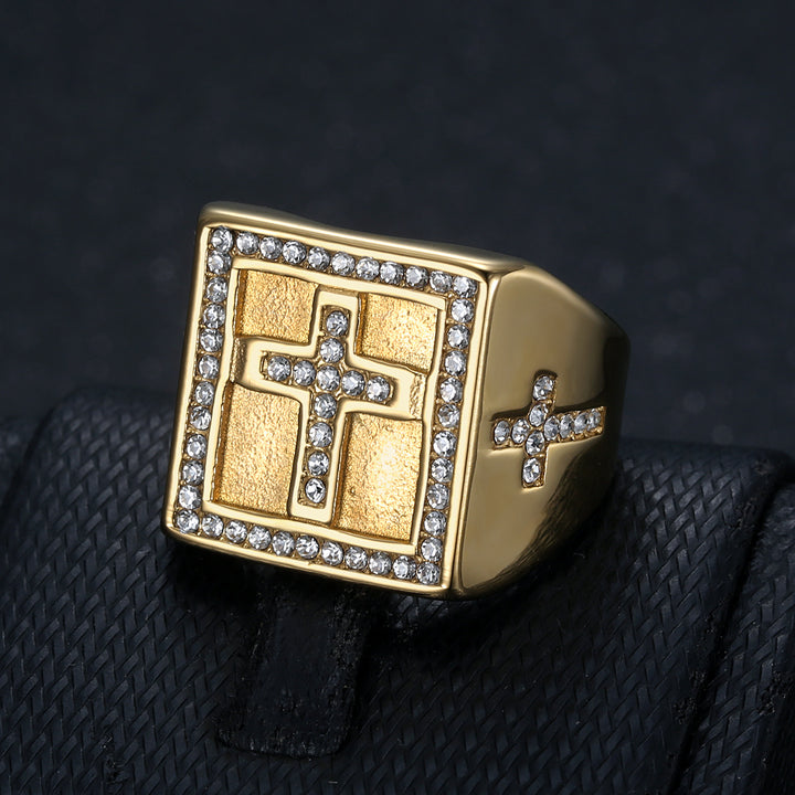 Square Cross Jewelry Signet Ring For Men Inlaid Diamond Two Tone Statement Ring