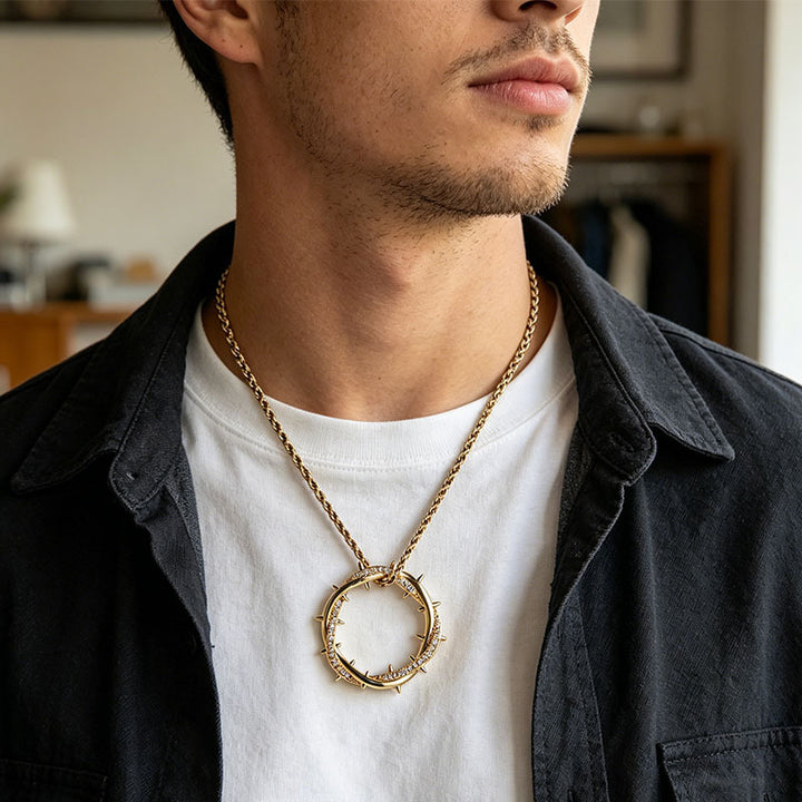 Crown of Thorns Twisted Circle Pendant Necklace Pavé Diamond Inlaid Rope Chain Statement Edgy Unisex Trendy Pendant Jewelry Gift