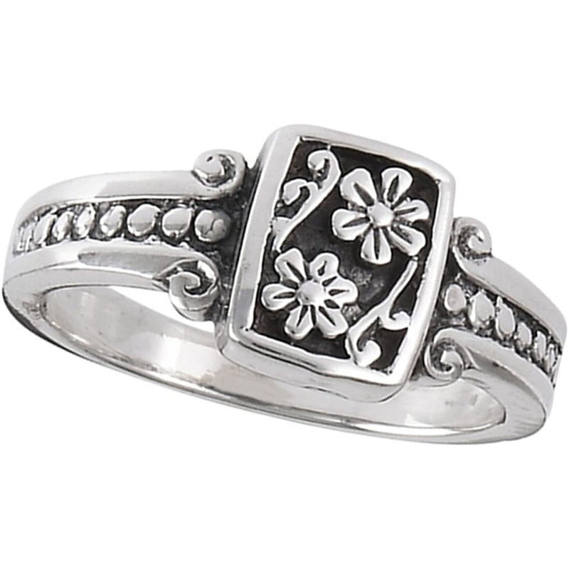 Vintage Floral Engraved Solid Silver Ring Retro Rectangle Flower Pattern Statement Ring For Women