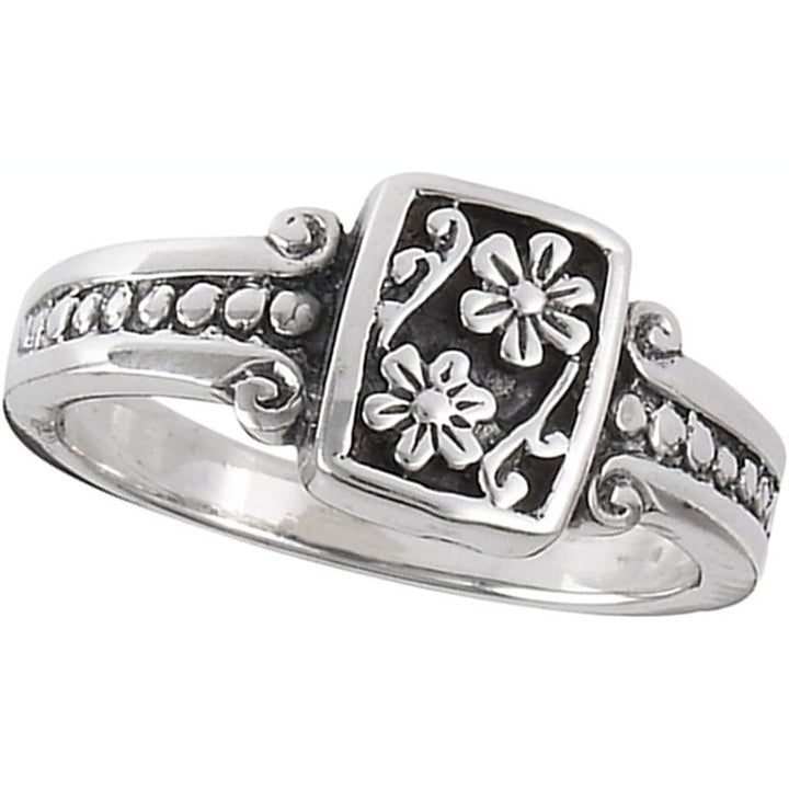 Vintage Floral Engraved Solid Silver Ring Retro Rectangle Flower Pattern Statement Ring For Women