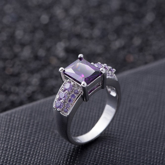 Princess Cut Amethyst Ring Women Statement Cocktail Ring Vintage Luxury Solitaire Fashion Engagement Party Jewelry