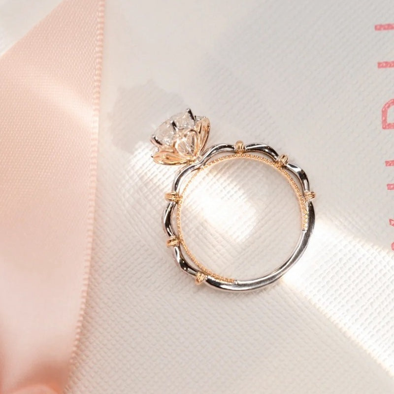 Round Diamond Floral Halo Engagement Ring Two Tone Vintage Lace Statement Bridal Promise Ring