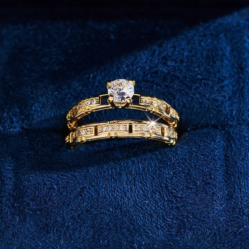 Women 2 Piece Stackable Ring Set Solitaire Statement Band Hollow Cutout Wedding Stack Ring Bridal Promise Anniversary Jewelry Gift