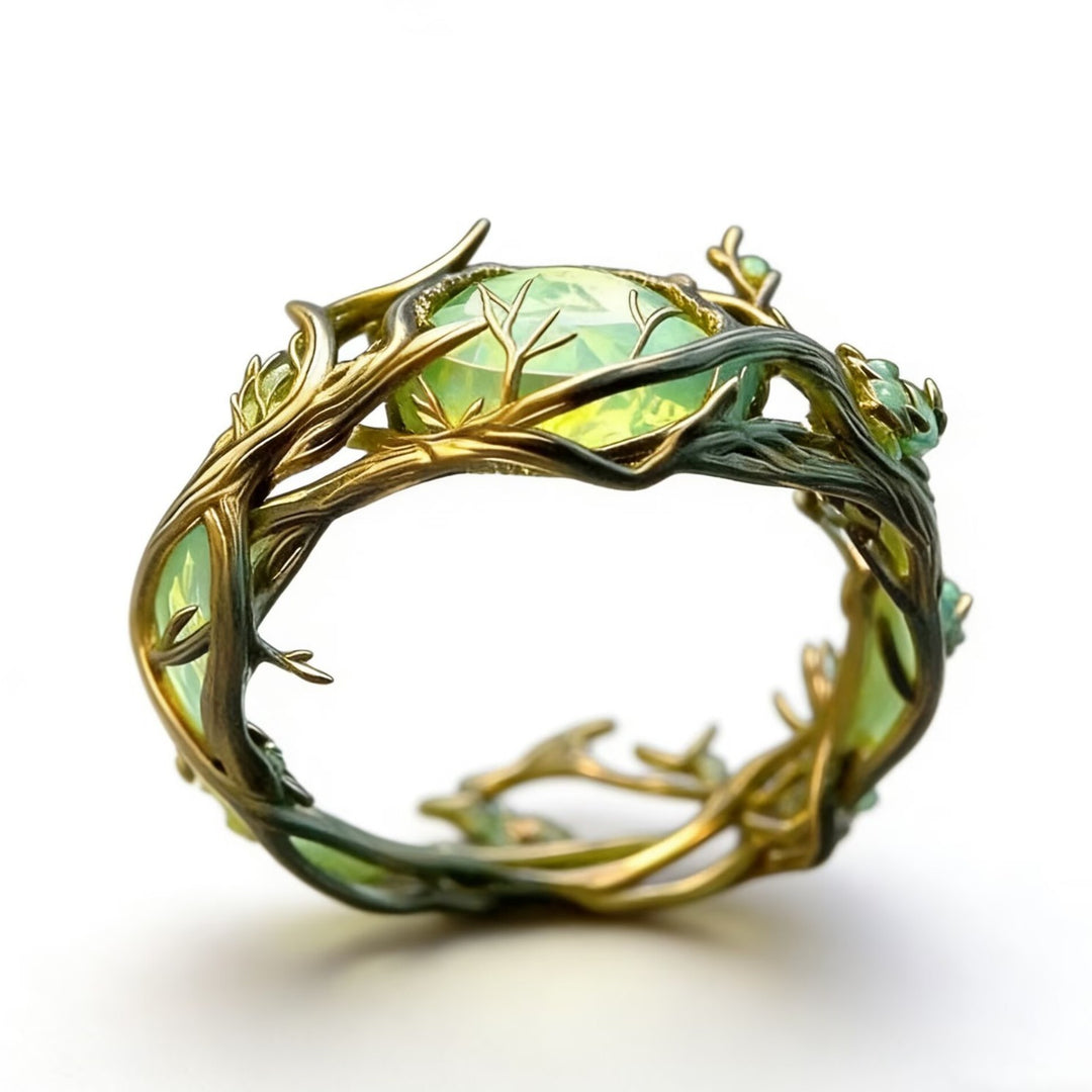 Forest Branch Green Diamond Ring Women Twisted Vine Fairy Elven Nature Wedding Band