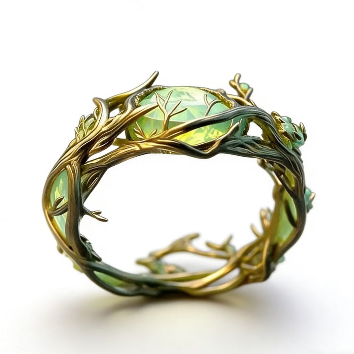 Forest Branch Green Diamond Ring Women Twisted Vine Fairy Elven Nature Wedding Band