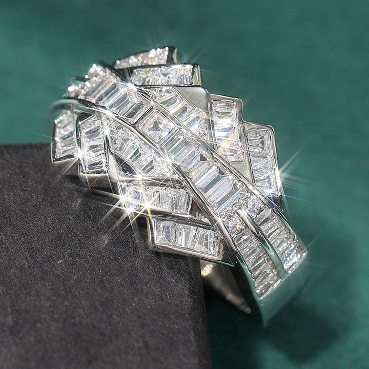 Vintage Art‑Deco Geometric Baguette Diamond Wide Statement Ring