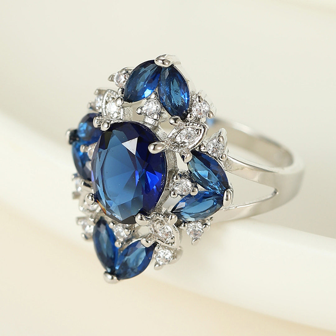 Blue Sapphire Cluster Ring Women Oval Center Stone Marquise Side Halo Diamond Cocktail Ring