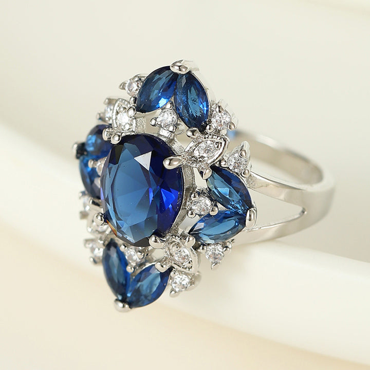 Blue Sapphire Cluster Ring Women Oval Center Stone Marquise Side Halo Diamond Cocktail Ring