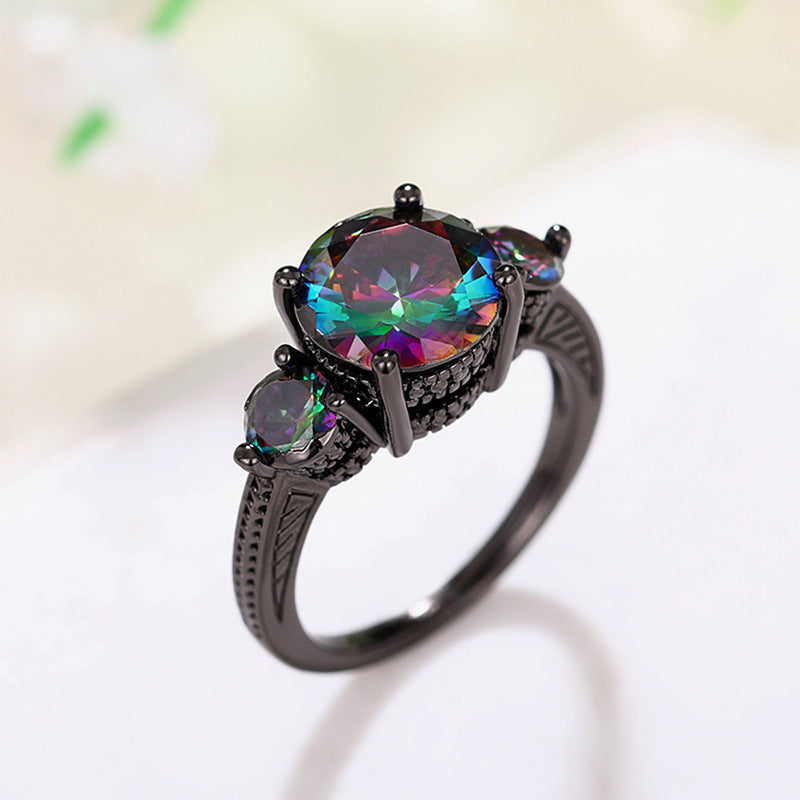 Mystic Rainbow Three Stone Ring Women Black Gold Gothic Vintage Cocktail Ring