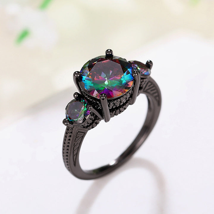Mystic Rainbow Three Stone Ring Women Black Gold Gothic Vintage Cocktail Ring