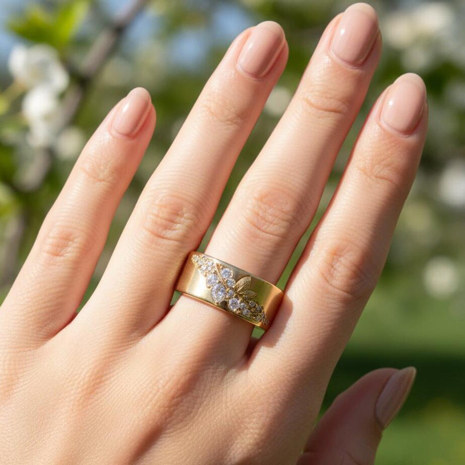Vintage Leaf Branch Wide Band Ring Marquise Round Diamond Inlaid Statement Ring Bridal Wedding Band Elegant Stackable Cocktail Ring Timeless Luxury Jewelry For Her Gift