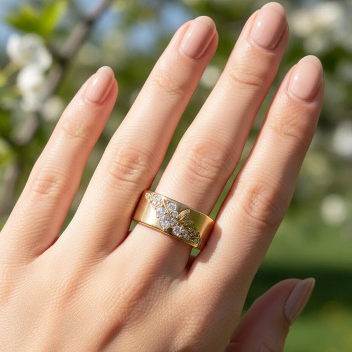 Vintage Leaf Branch Wide Band Ring Marquise Round Diamond Inlaid Statement Ring Bridal Wedding Band Elegant Stackable Cocktail Ring Timeless Luxury Jewelry For Her Gift