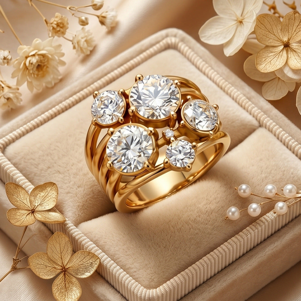 Twisted Multi‑Round‑Diamond Cluster Statement Ring For Women