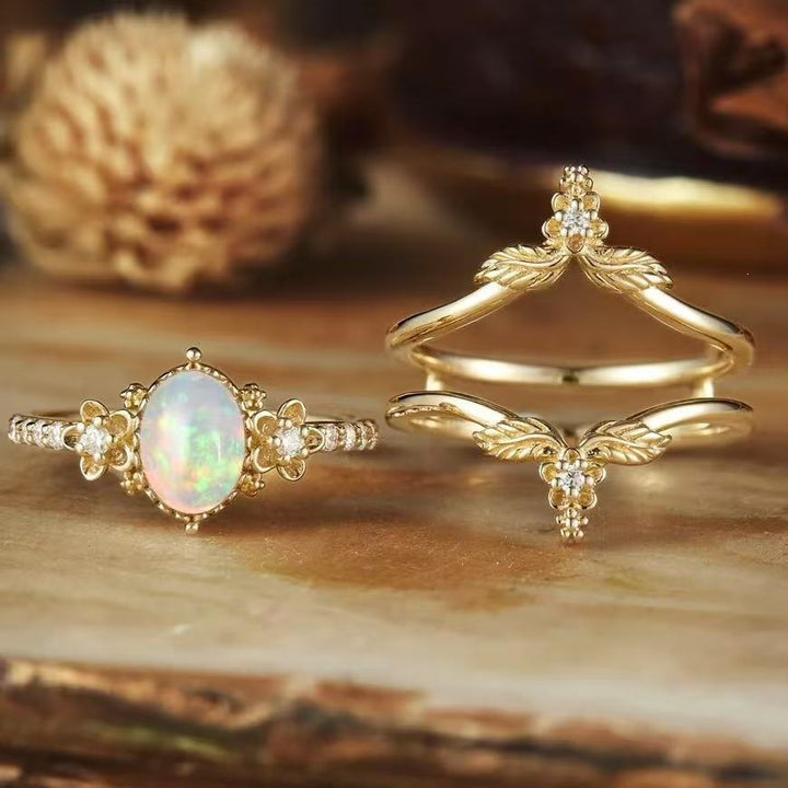 Opal Oval Diamond 3 Piece Stackable Ring Set Women Vintage Floral Leaf Botanical Stacking Rings