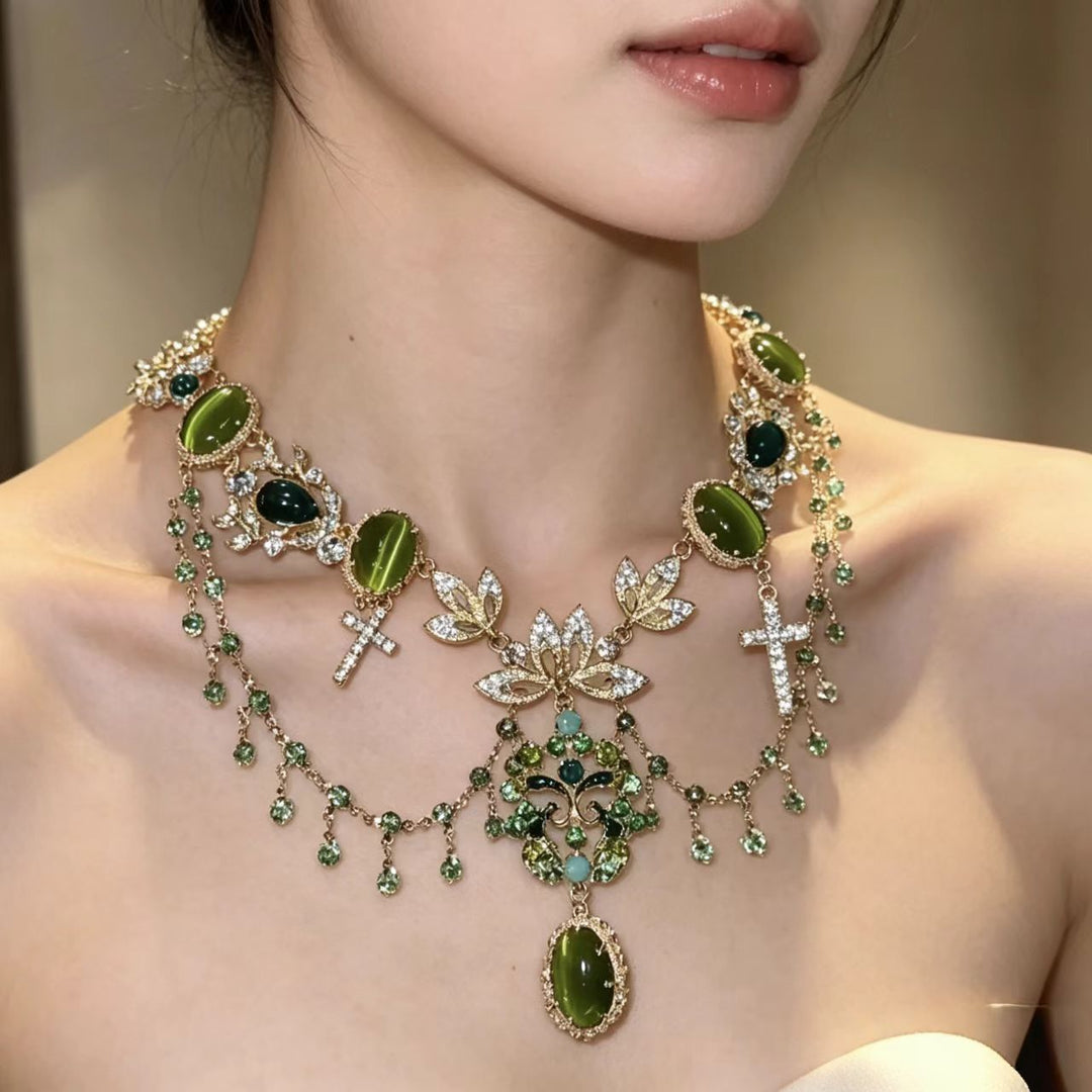 Louvre Inspired Beaded Diamond Statement Necklace Women Vintage Royal Luxury Old Money Style Choker Clavicle Chain Evening Party Fashion Jewelry Gift