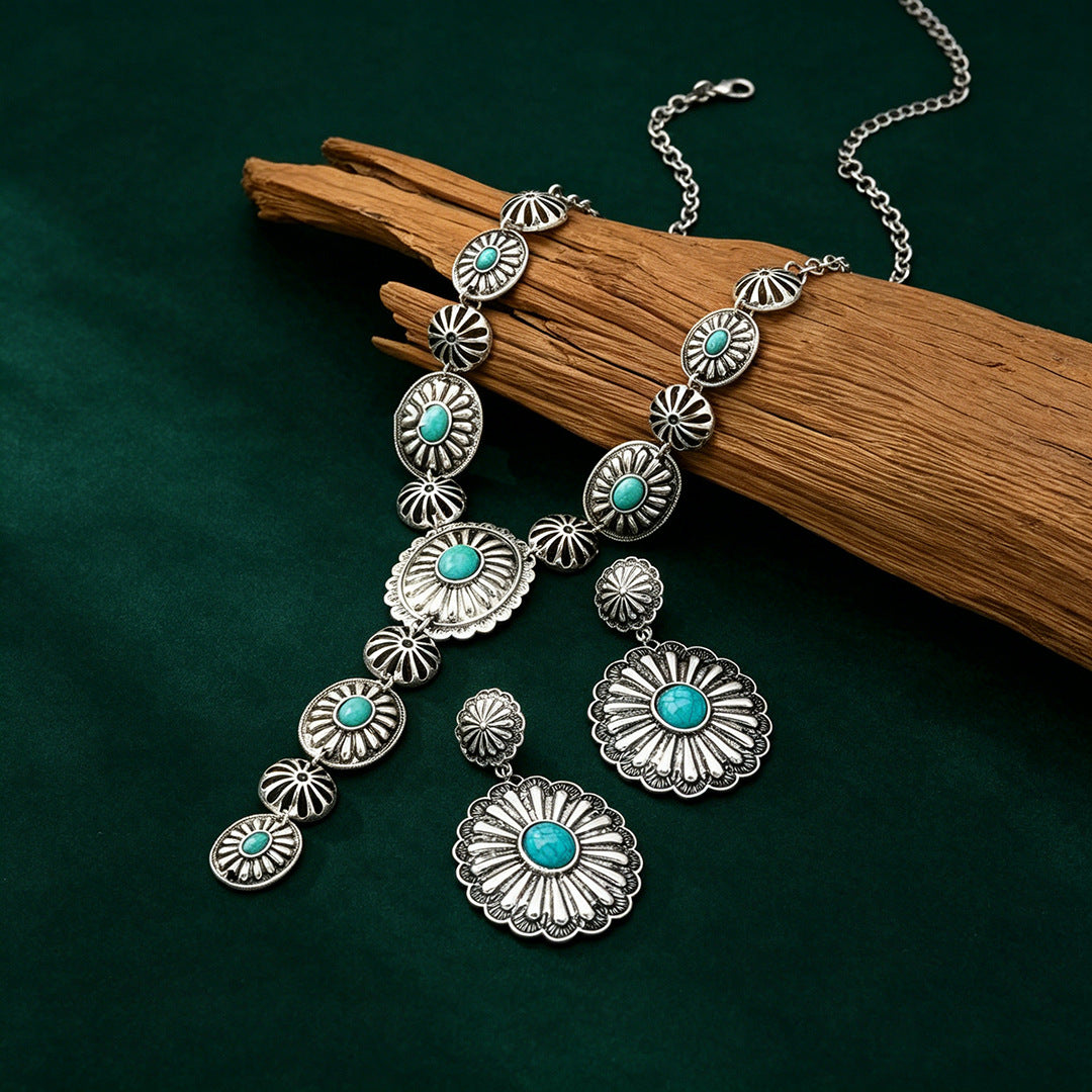 Western Vintage Turquoise Jewelry Set, Concho Pattern Y‑Drop Necklace & Dangle Earring Kit