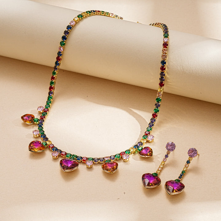 Rainbow Heart Tennis Necklace Earrings Set Women Colorful CZ Gold Jewelry Gift