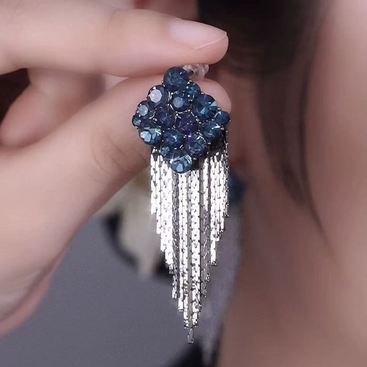 Dark Blue Diamond Cluster Tassel Drop Earrings Elegant Statement Jewelry For Women