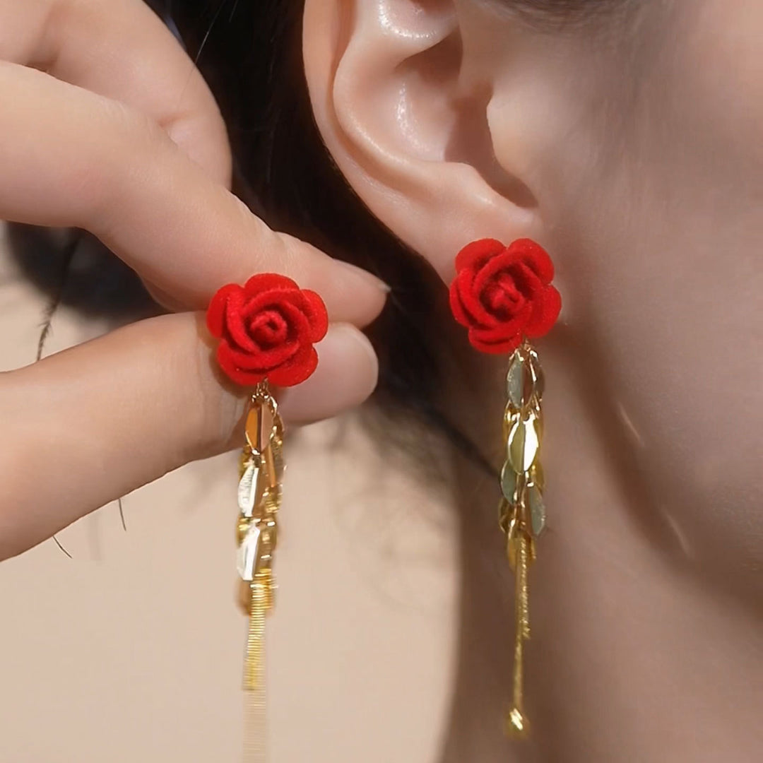 Red Rose Leaf Tassel Drop Earrings Long Dangle Earrings For Women