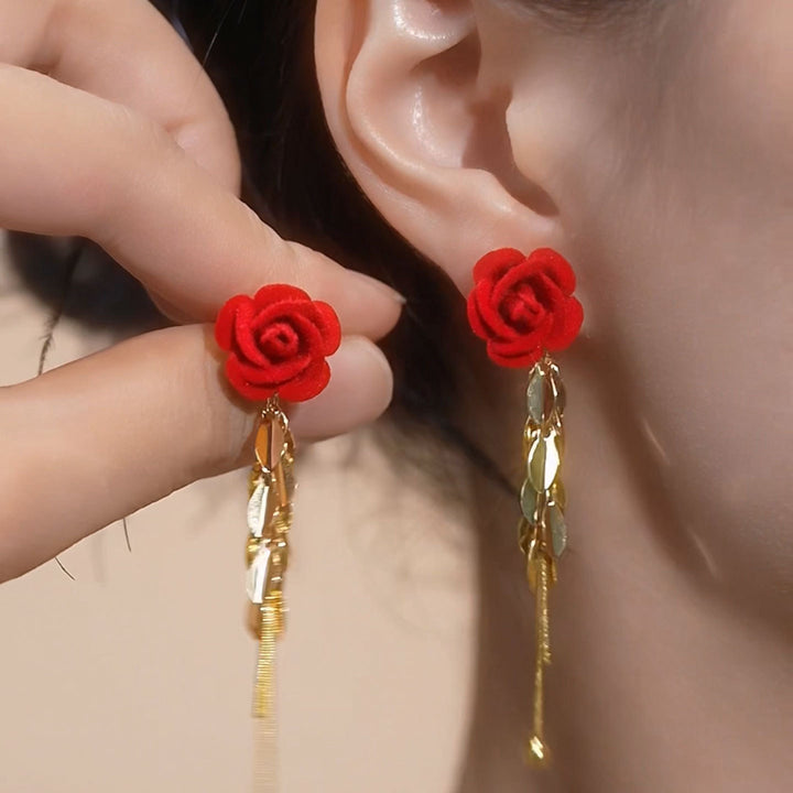 Red Rose Leaf Tassel Drop Earrings Long Dangle Earrings For Women