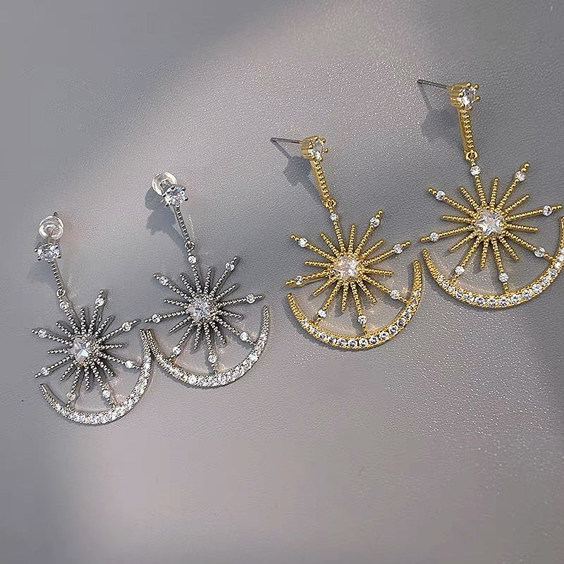 Sun And Moon Diamond Drop Earrings Celestial Starburst Dangle Earrings For Women Evening Party Wedding Jewelry