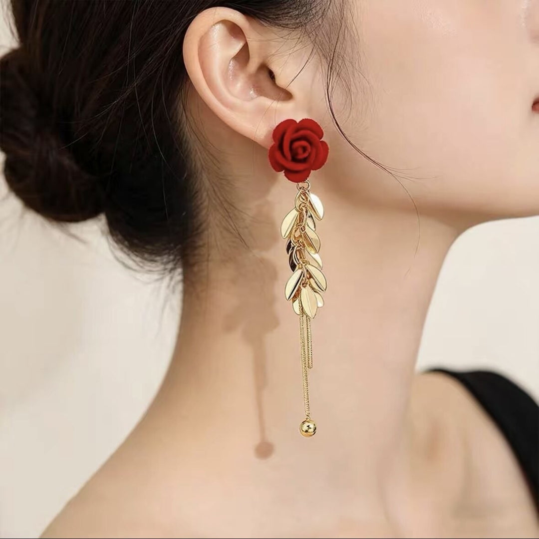 Red Rose Leaf Tassel Drop Earrings Long Dangle Earrings For Women